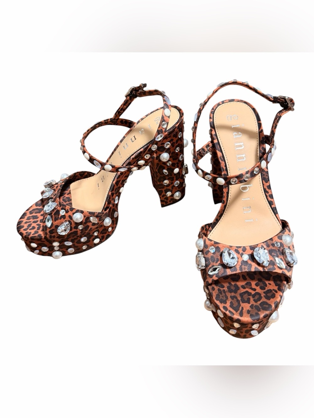 Gianni Bini Calvan Two Leopard Jewel Ornamented Platform Dress Sandals